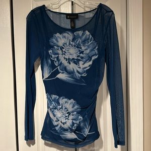 INC Medium Blue Floral Mesh Ruched Long Sleeve Blouse Top